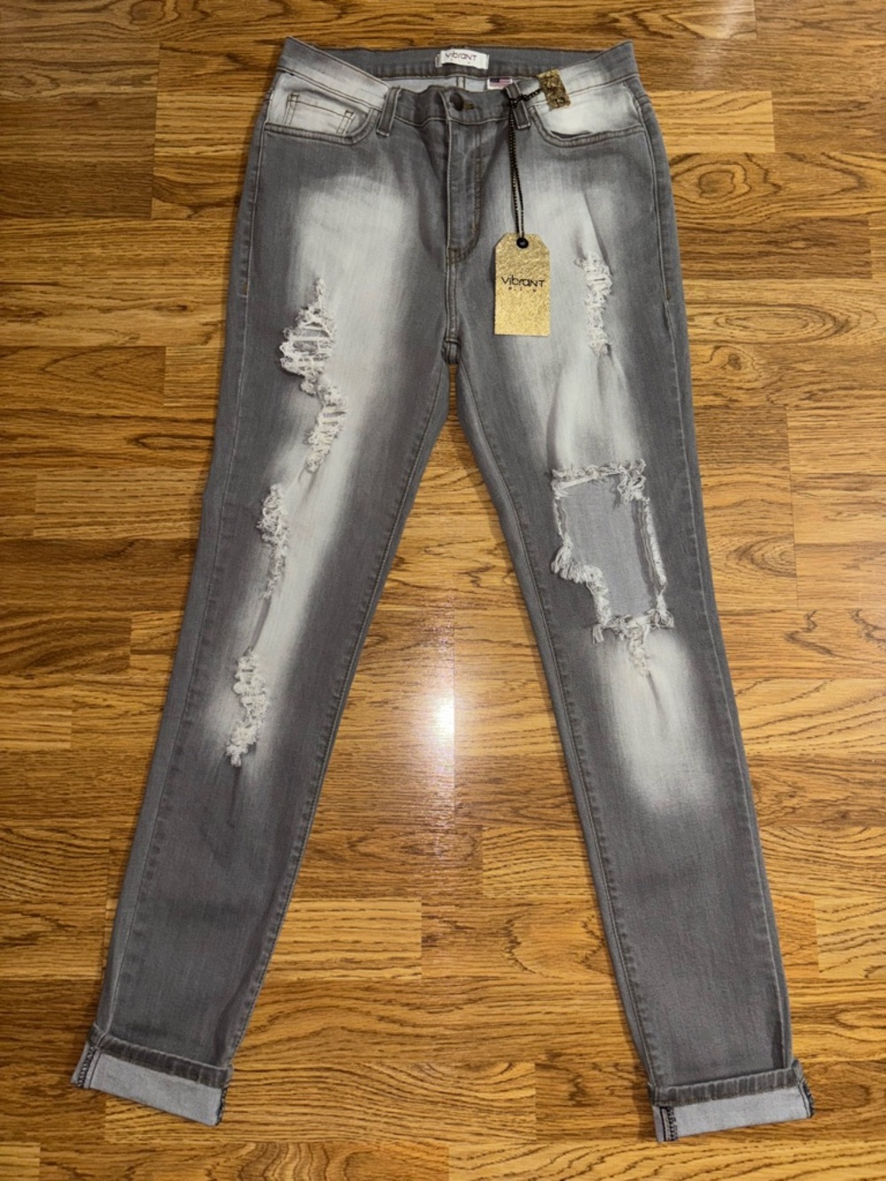 Vibrant MIU Jeans Juniors Size 13 Distressed Gray Skinny Open Holes Cuffed NWT